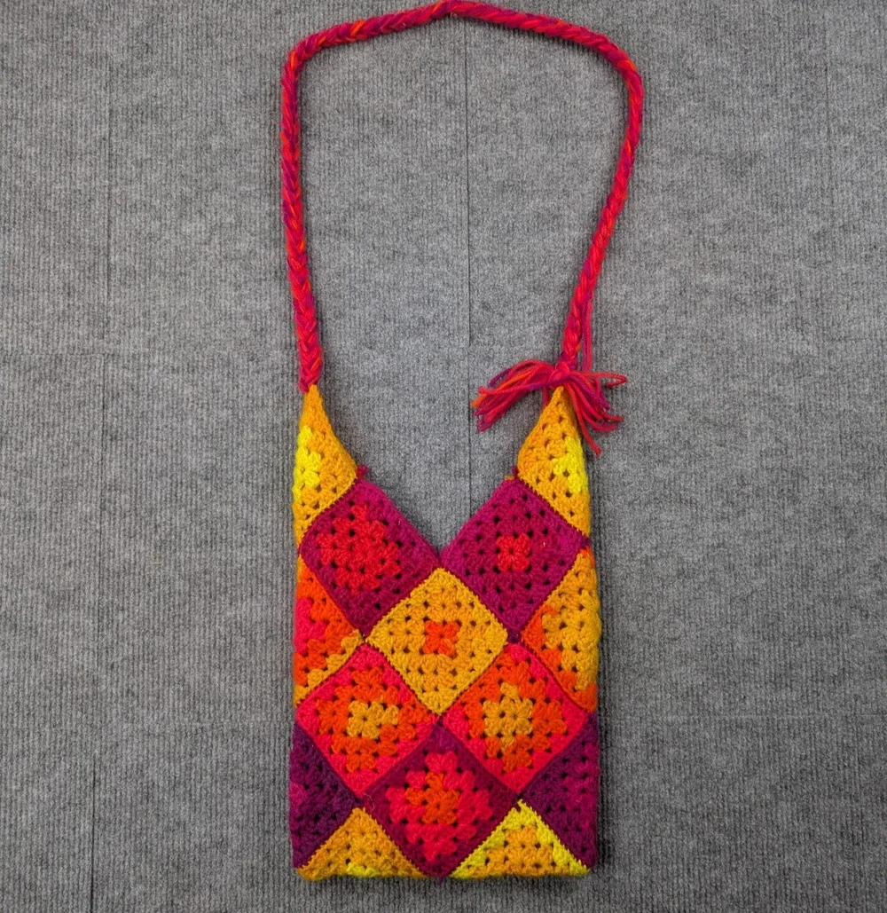 Chrochet Granny Square Purse Sunset Boho Hippie Retro Colorful Shoulder Bag 70s